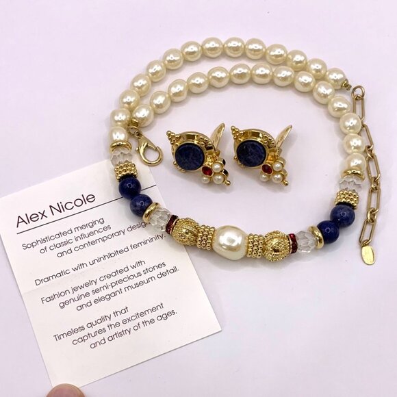 Alex Nicole For 1928 Pearl Lapis Gold Tone Red Necklace Clip On Earrings Set Vtg - Picture 5 of 10